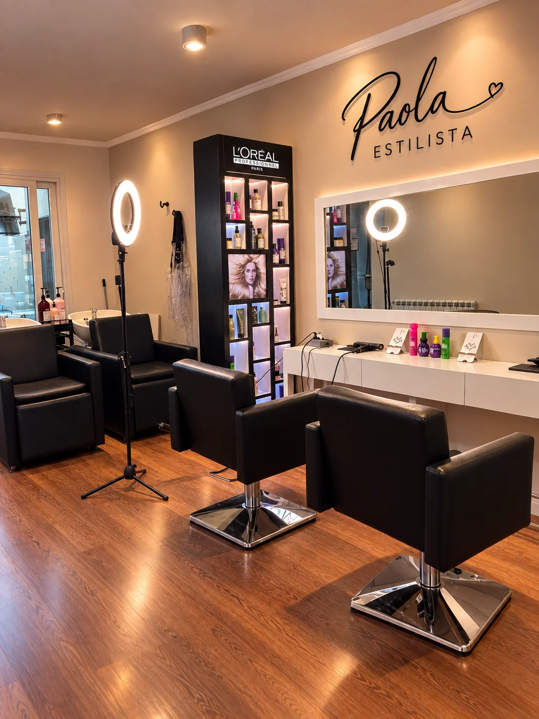 El salón Paola Estilista por dentro: sillones, espejo, lavacabezas y el cartel de la marca